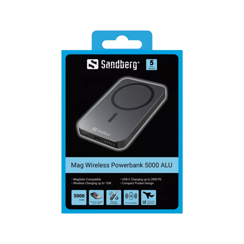 Kannettava virtapankki Sandberg Mag Wireless Powerbank 5000 ALU, 5000 mAh