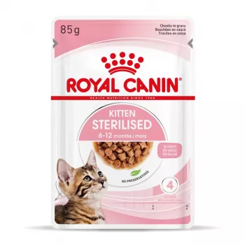 Märkäruoka kissoille Royal Canin Sterilised Gravy, 12 x 85 g pussia — kana, steriloiduille kissoille, 11 % proteiini, 80,5 % kosteus
