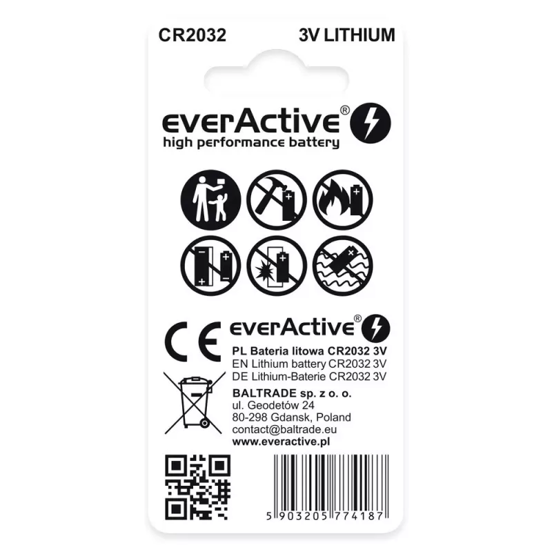 Litium-nappiparisto everActive CR2032 — 3V, 20 mm, 2 kpl blisteripakkaus