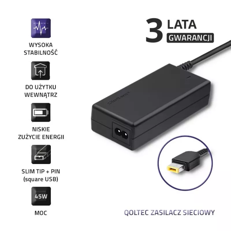 Kannettavan tietokoneen virtalähde Qoltec Lenovo 45W 20V 2,25A Slimtip + Pin 50098.45W