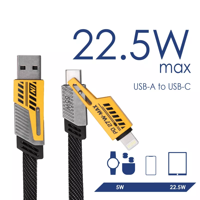 Akyga AK-USB-57 punottu 4-in-1-kaapeli USB-A/USB-C - USB-C/Lightning, USB 2.0, 65 W, 1 m, harmaa