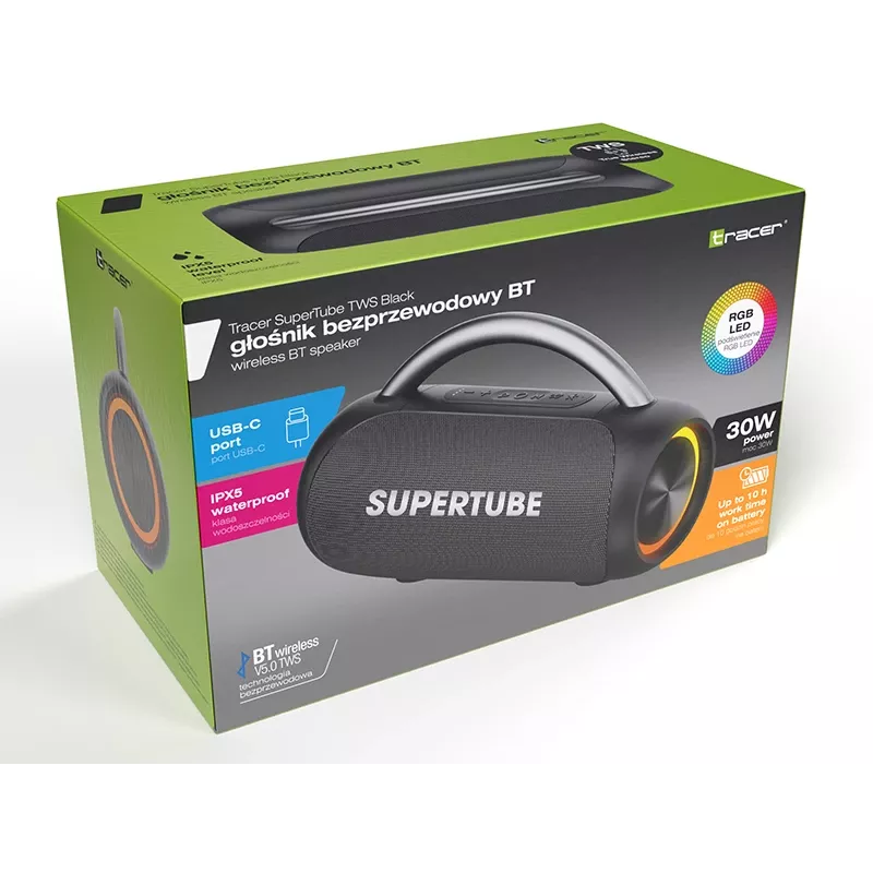 Tracer SuperTube TWS kannettava Bluetooth-kaiutin, 30 W, IPX5, musta