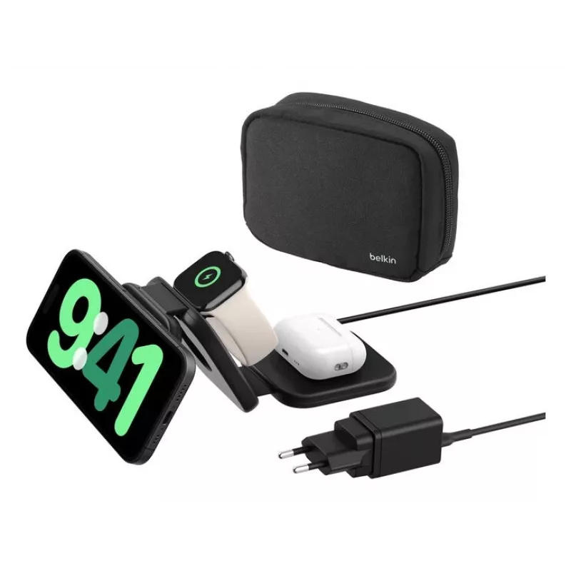 Belkin BoostCharge Pro Qi2 3-in-1 magneettinen taitettava langaton matkalaturi, musta, 15 W