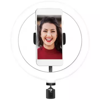 LogiLink AA0151 LED-rengasvalo älypuhelimille, Ø 200 mm, 3 väritilaa, himmennettävä, 1/4 tuuman jalustakierre, älypuhelinpidikkeellä, USB, 1,8 m kaapeli, musta
