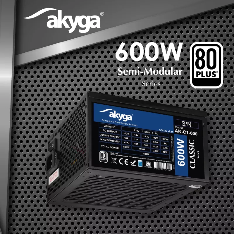 Akyga Classic AK-C1-600 ATX-virtalähde 600 W, 80 PLUS, aktiivinen PFC, 120 mm tuuletin