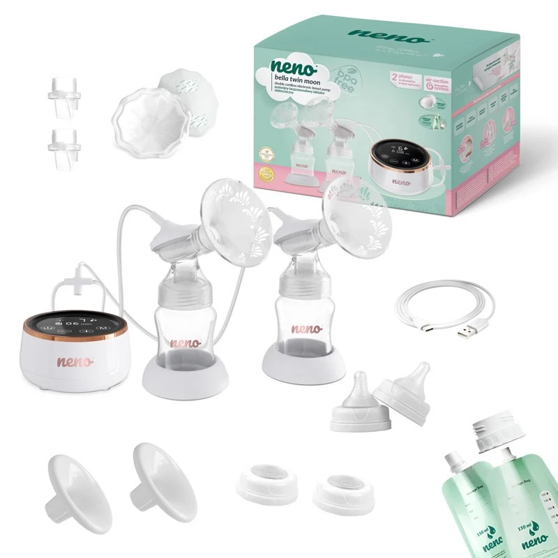 Sähköinen kaksoisrintapumppu neno Bella Twin Moon – langaton, kaksivaiheinen, LCD, 150 ml pullot, helmiäinen
