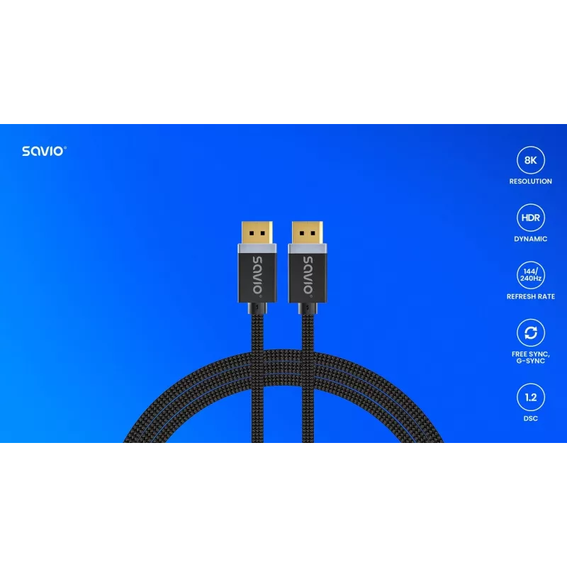 DisplayPort-kaapeli SAVIO CL-166 2 m musta – DisplayPort 1.4, uros-uros, kullatut kontaktit