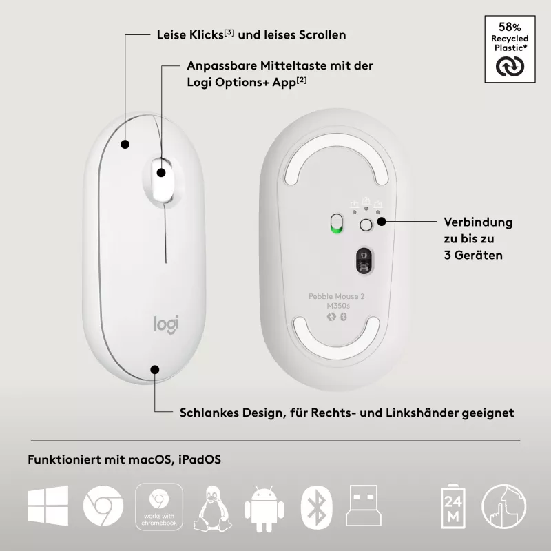 Logitech Pebble 2 Combo -sarja, valkoinen, langaton, saksa, 920-012204