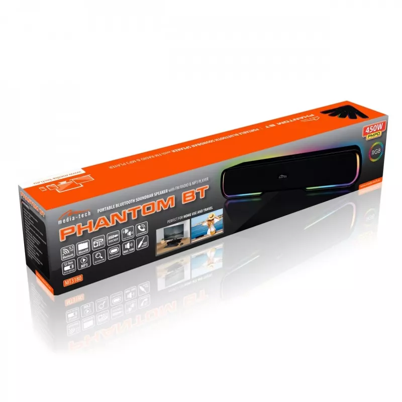 Kaiutin MEDIA-TECH Phantom MT3180 Soundbar 450W RMS, 80W paristokäyttöinen, Bluetooth, johdollinen & langaton, musta