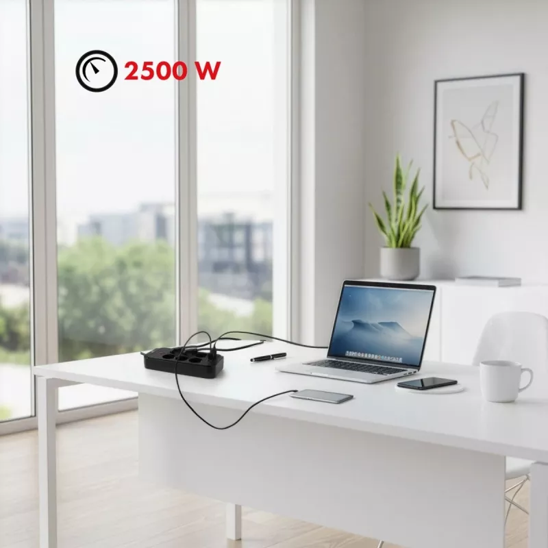 Steckdosenleiste MACLEAN MCE389 B — 6 pistorasiaa, 4×USB-A + 1×USB-C, 110–240V, 2,1A, 2500W, 1,5 m kaapeli, musta