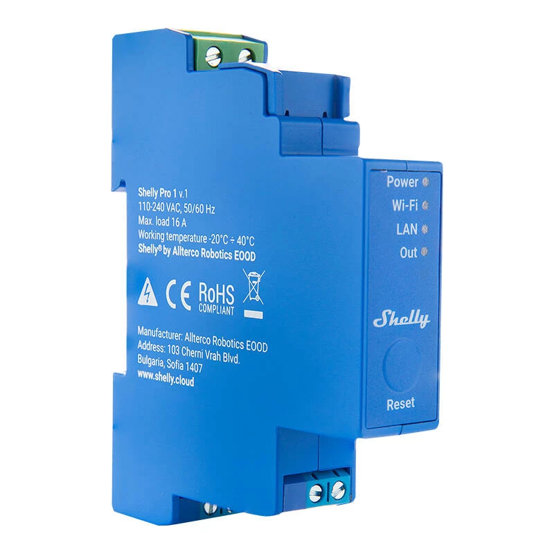 Puolijohderele Shelly Pro 1 Blue 16A 110-240V Wi-Fi