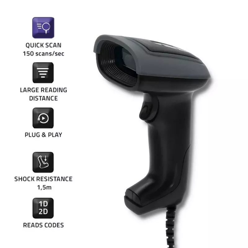 Käsikäyttöinen viivakoodinlukija QOLTEC 50863 — 1D/2D-skanneri, USB johdollinen, LED-anturi, musta, 5V, 1,8 m kaapeli
