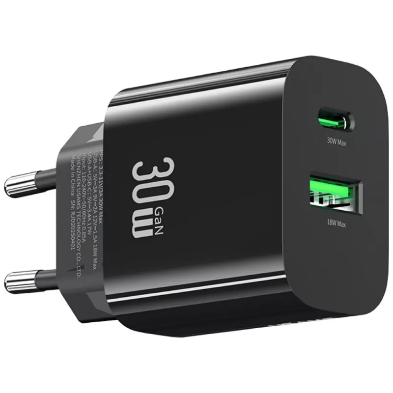 USAMS-laturi USA001631 30W 1x USB-C ja 1x USB-A pikalataus