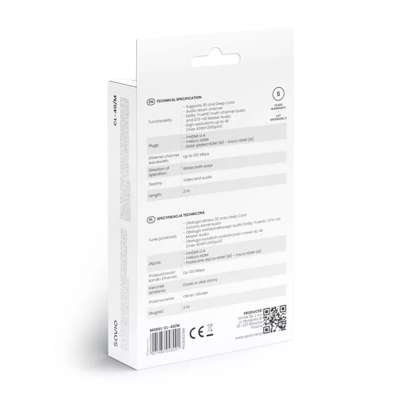 Savio CL-40/M HDMI (M) - micro HDMI (M) kaapeli Ethernetillä, 2m, musta