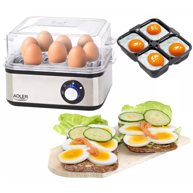 Munankeitin Adler AD 4486 — kapasiteetti 8 munaa, 800 W, musta satiiniteräs läpinäkyvällä kannella