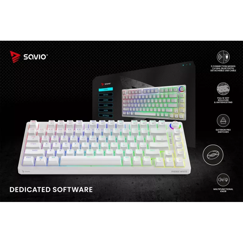 SAVIO PHENIX WHITE langaton mekaaninen näppäimistö, Gateron Red Pro, ABS