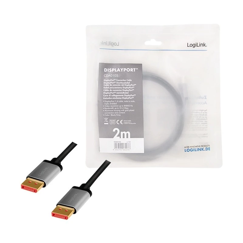 DisplayPort-kaapeli LogiLink CDA0105 2 m musta harmaa