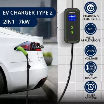 Qoltec kannettava sähköauton laturi säädettävä 2in1 Type2 | 7kW | 230V | CEE 3 PIN | Wi-Fi | LCD | kannettava | Wallbox | 5m