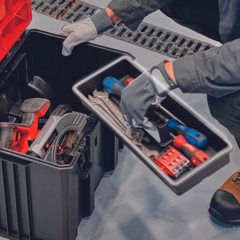 Einhell 4540021 E-Case M järjestelmälaukku, työkalulaatikko, polypropeeni, kantavuus 90 kg, musta/punainen