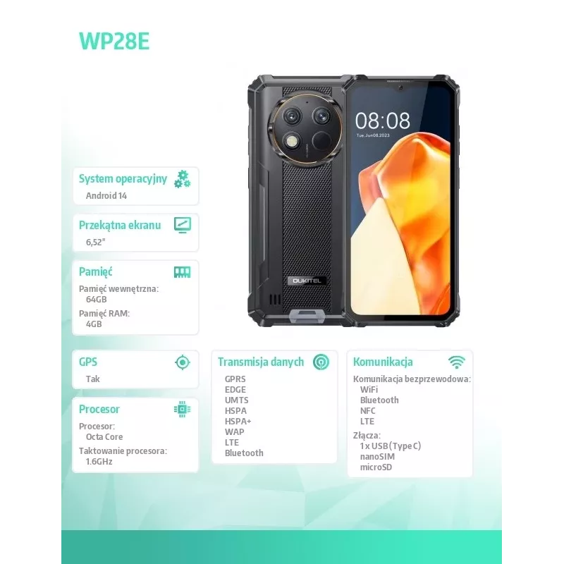Oukitel WP28E 4/64 10600mAh DS älypuhelin. Musta ilman laturia