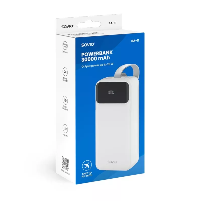 SAVIO BA-10 varavirtalähde 30000 mAh (111 Wh), Li-ion, 2x USB-C, 2x USB-A, Quick Charge, Power Delivery