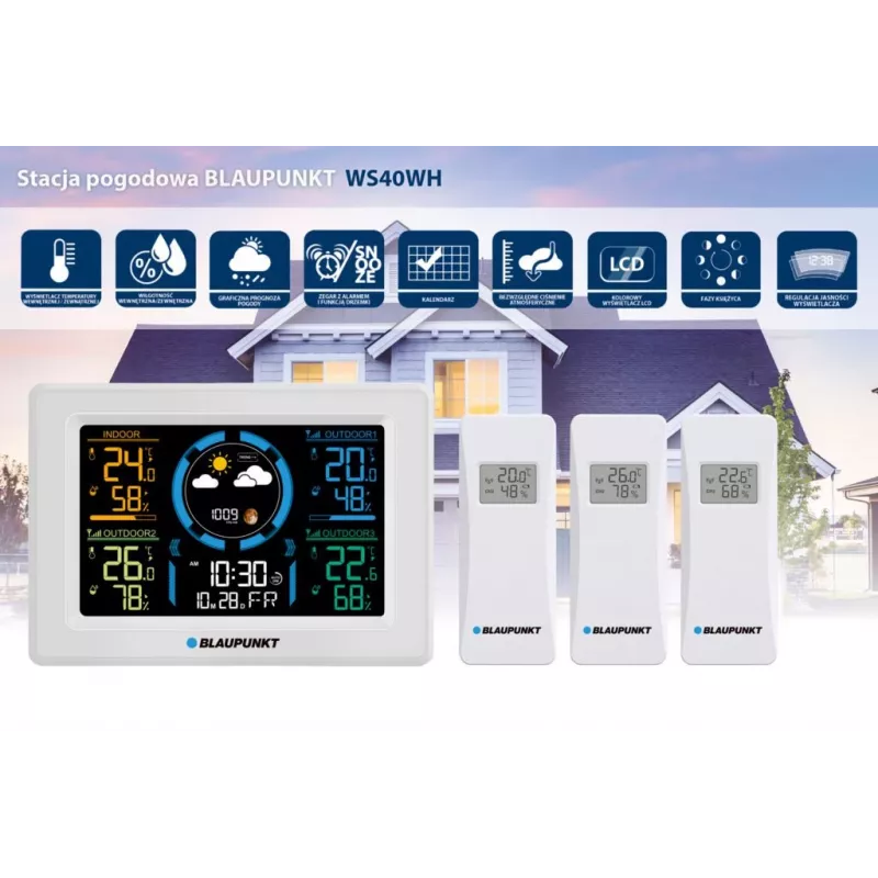 Langaton sääasema BLAUPUNKT WS40WH sisä-/ulkölämpötilan ja -kosteuden seurannalla