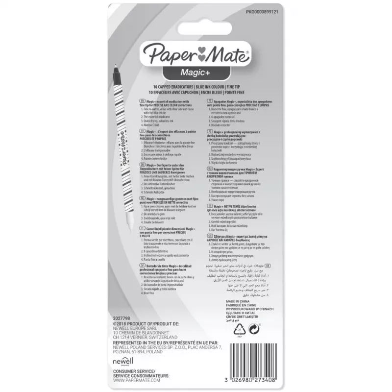 Paper Mate Magic+ tekstinpoistokynä, ohut, sininen/valkoinen, 10 kpl