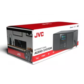 Internetradio JVC RA-E981B — Wi‑Fi- ja Bluetooth-suoratoisto, DAB+, FM, 2x5W, 40 aseman muisti, USB, AUX, LCD-näyttö