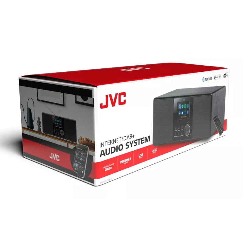 Internetradio JVC RA-E981B — Wi‑Fi- ja Bluetooth-suoratoisto, DAB+, FM, 2x5W, 40 aseman muisti, USB, AUX, LCD-näyttö