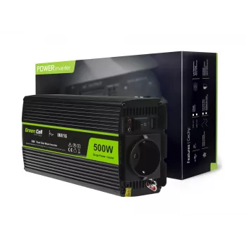 Auton vaihtosuuntaaja Green Cell INV16 500 W DC 12 V AC 230 V, 50 Hz, USB-liitäntä, aktiivinen jäähdytys, musta