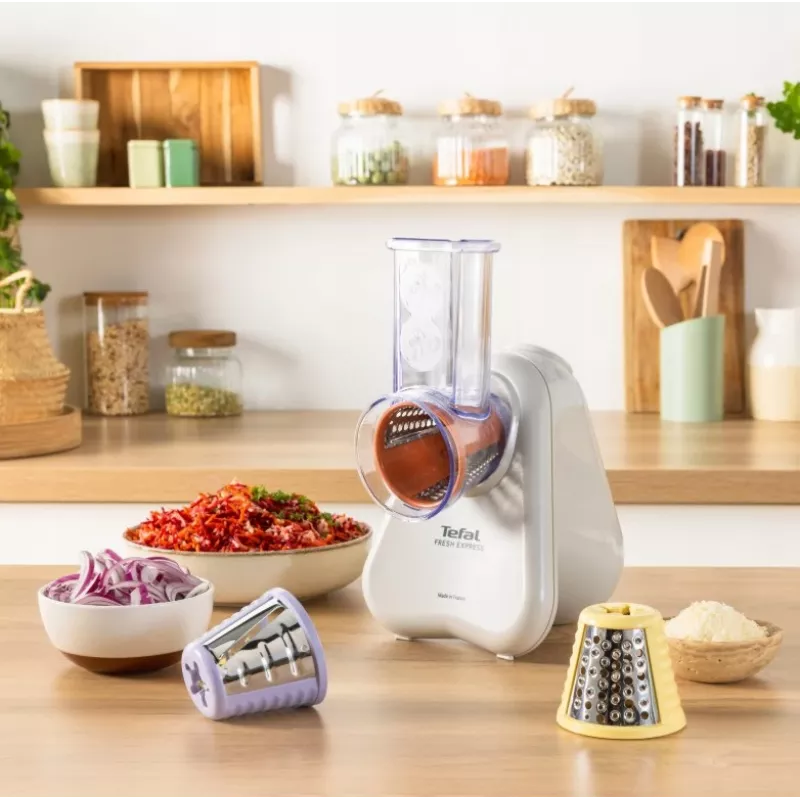 Sähköinen vihannesleikkuri Tefal Fresh Express DN853BE0 — 150 W, 3 vaihdettavaa terää, 1 nopeus, kerma