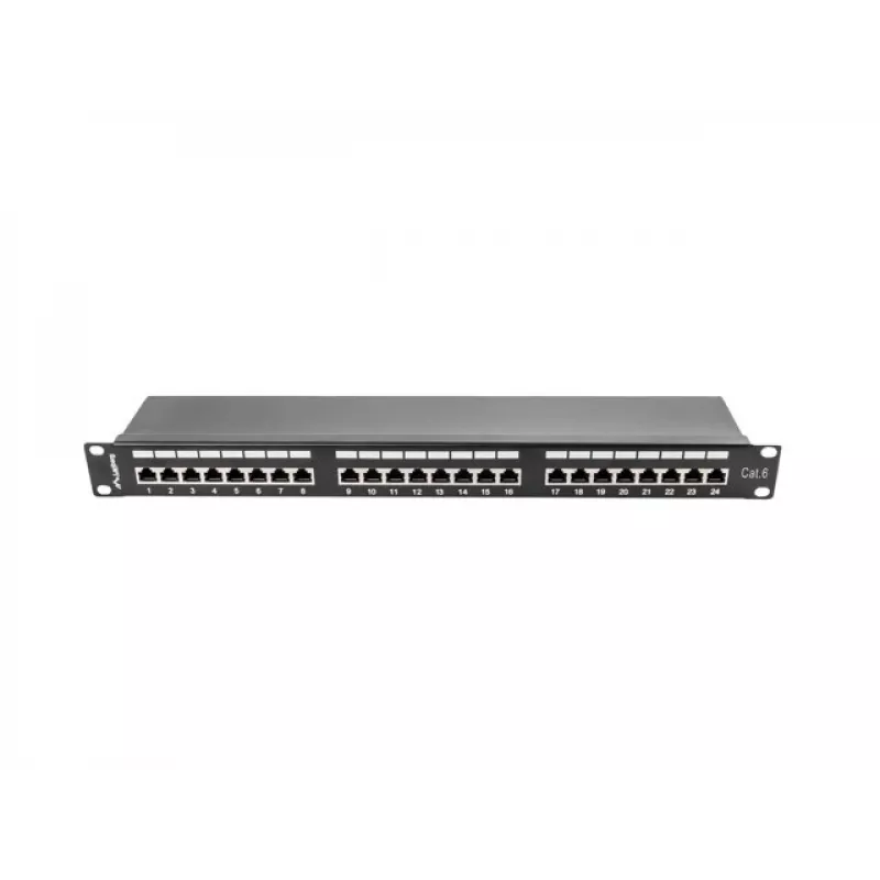 Patch-paneeli 1U LANBERG PPS6-1024-B, 24-porttia Cat6, metalli, musta, 442×114,5×44,5 mm