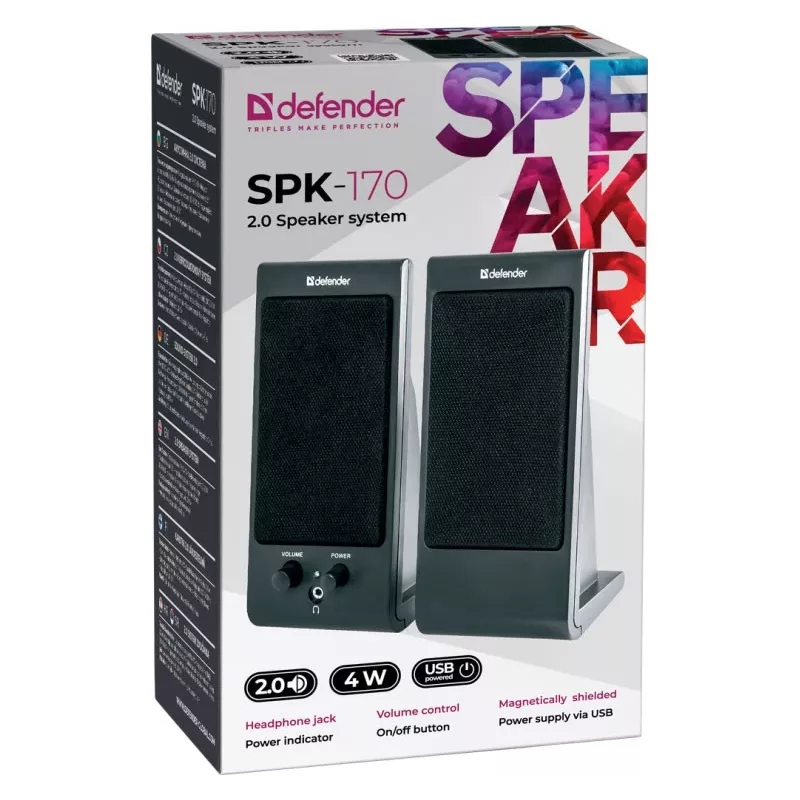 Pöytä-/hyllykaiuttimet DEFENDER SPK-170 2.0, 4 W RMS, johdollinen USB 5 V, 3,5 mm, musta