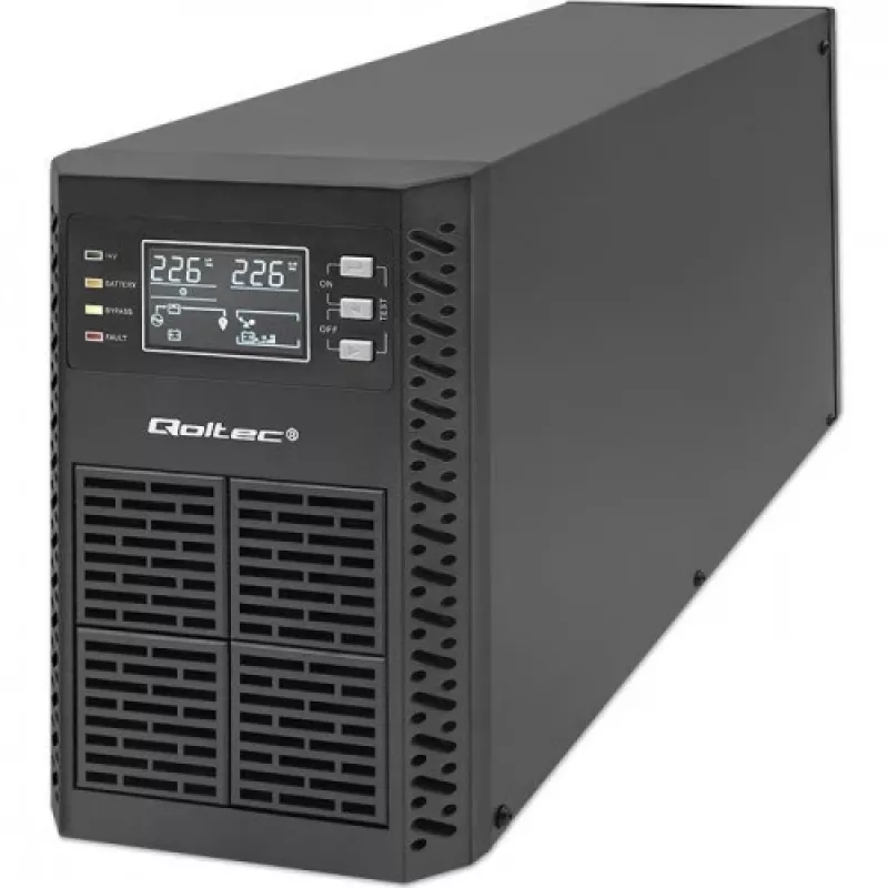 Qoltec 52281 UPS (keskeytymätön virransyöttö) kaksoismuunnos (Online) 2 kVA 2000 W 3 AC-lähtöä