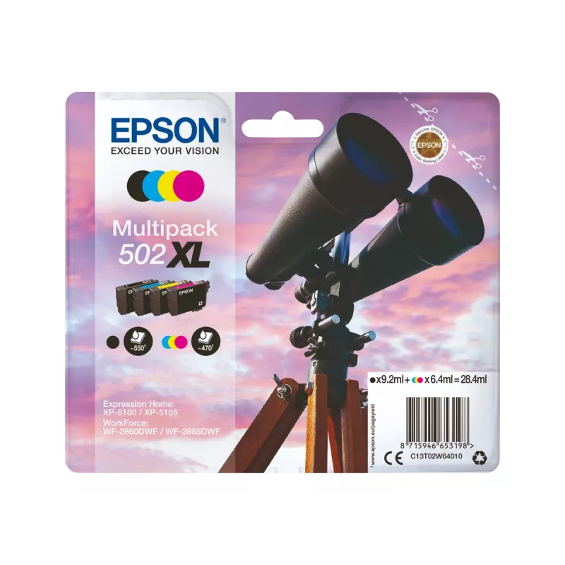 Epson 502XL alkuperäinen mustepakkaus, musta/syaani/magenta/keltainen, 4x (C13T02W94020)