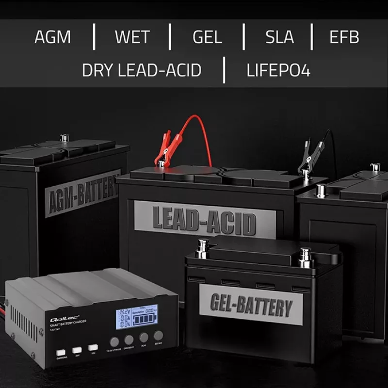 Akkulaturi QOLTEC 52491 mikroprosessori 12V/12,6V/24V LCD-näytöllä