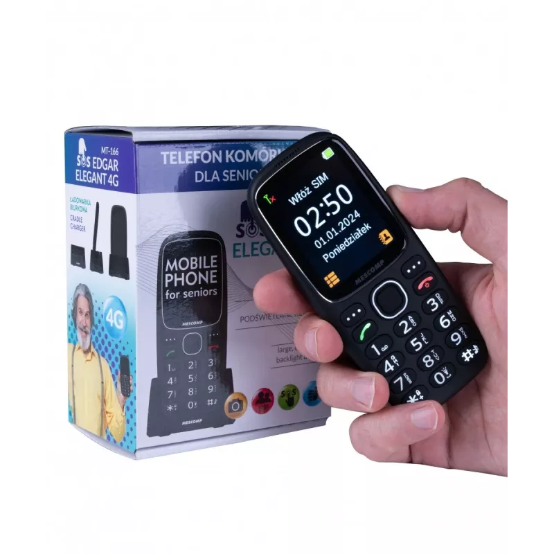 Matkapuhelin Mescomp MT-166 Edgar, elegantti, senioreille, 4G, musta