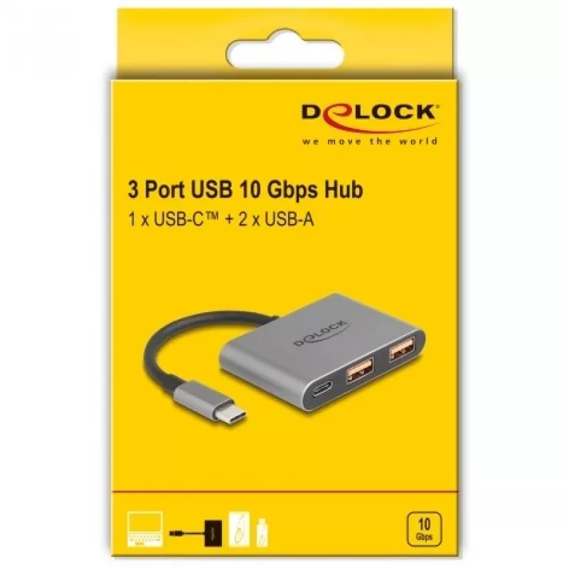 USB-keskitin DELOCK 64337 — USB 3.2 Gen 2 Type-C isäntä, 3 porttia (Type-C + 2× Type-A), 10 Gbit/s, harmaa, metallikotelo