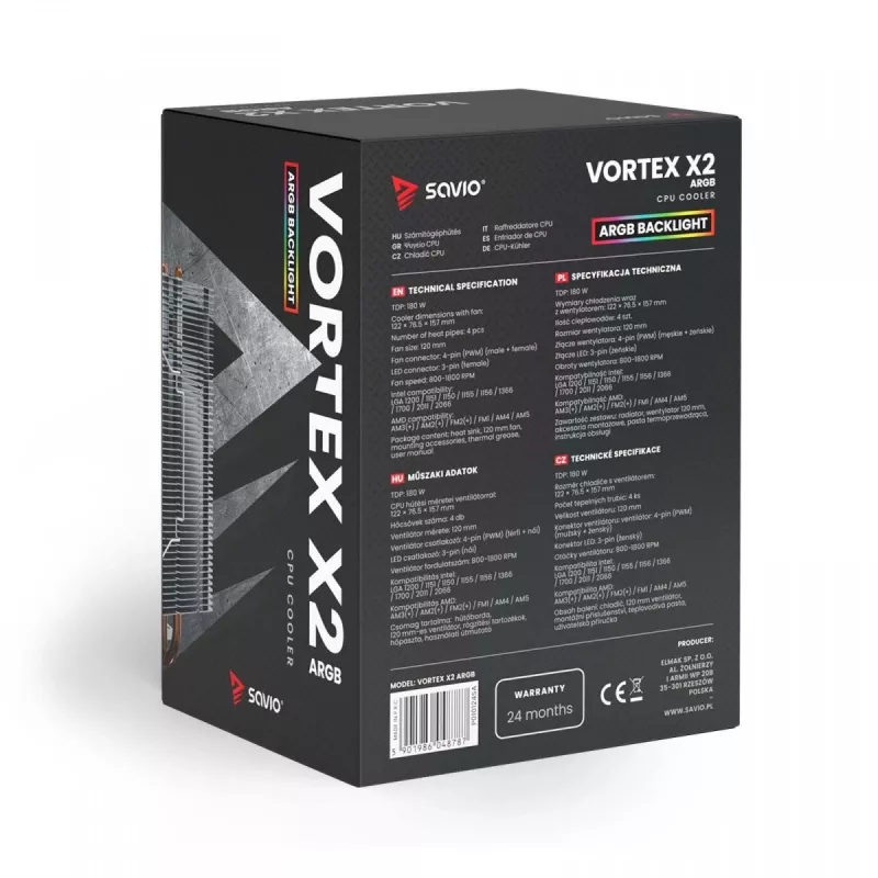 CPU-ilmajäähdytin SAVIO SAVGCOVORTEXX2ARGB 4 lämpöputkella, 120 mm ARGB-tuuletin, musta