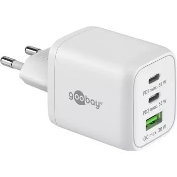 USB-C-pikalaturi Nano, PD, GaN, 65 wattia (valkoinen, 1x USB-A, 2x USB-C PD, Charge 3.0)