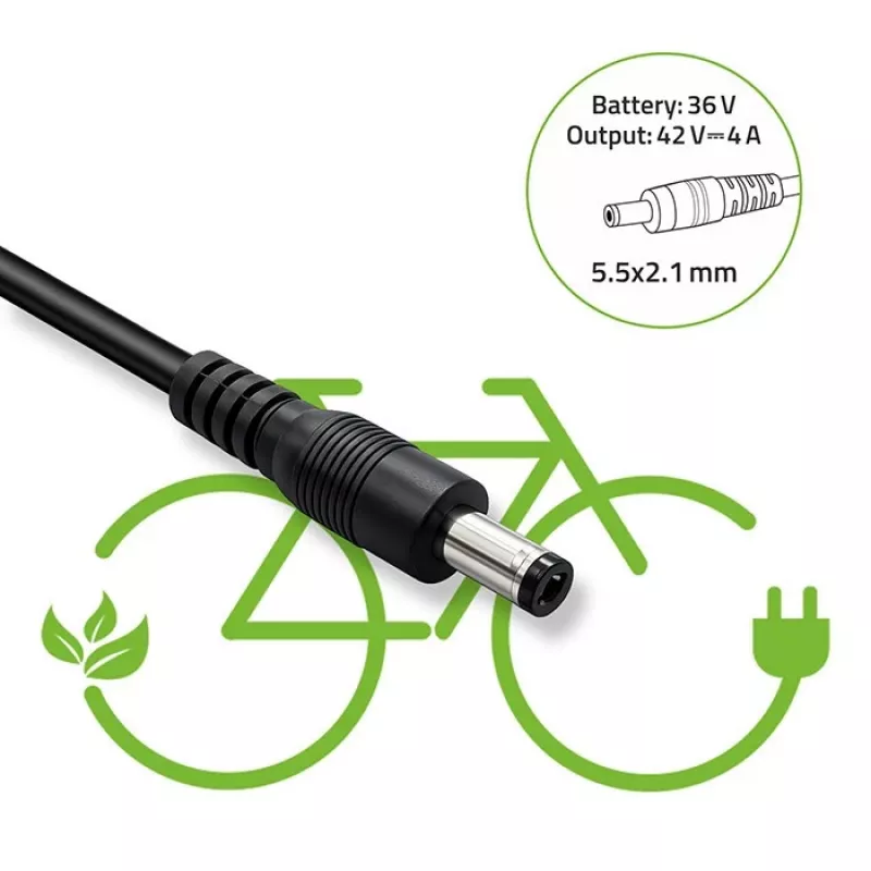 Laturi QOLTEC 36V–42V 4A sähköpyörään, DC-liitin 5,5×2,1 mm