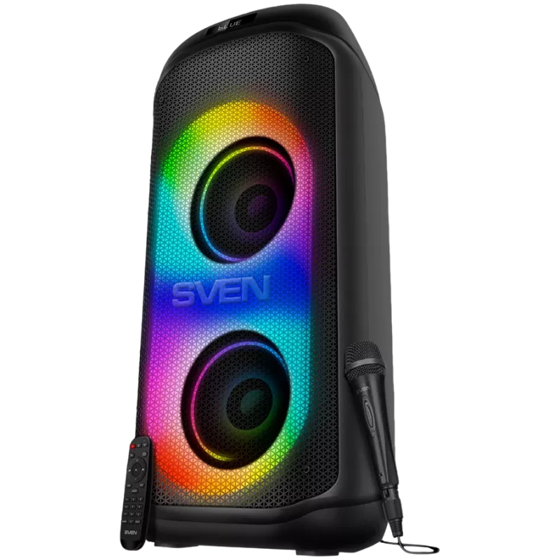 Kaiutin SVEN PS-1050, musta (200W, TWS, Bluetooth, FM, USB, microSD, LED-näyttö, 7200mAh)