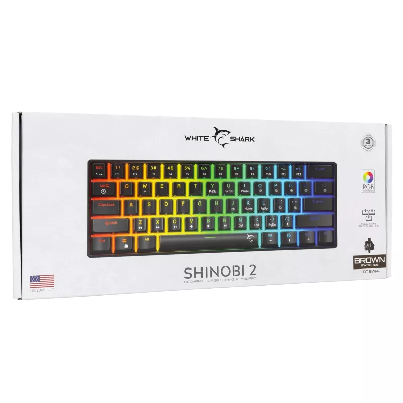Mekaaninen näppäimistö White Shark Shinobi-2 musta US-asettelu Brown-kytkimillä