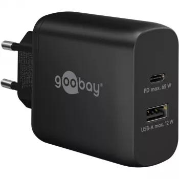 USB-C-pikalaturi, PD, GaN, 65 W (musta, 1x USB-C, 1x USB-A, Power Delivery)