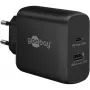 USB-C-pikalaturi, PD, GaN, 65 W (musta, 1x USB-C, 1x USB-A, Power Delivery)