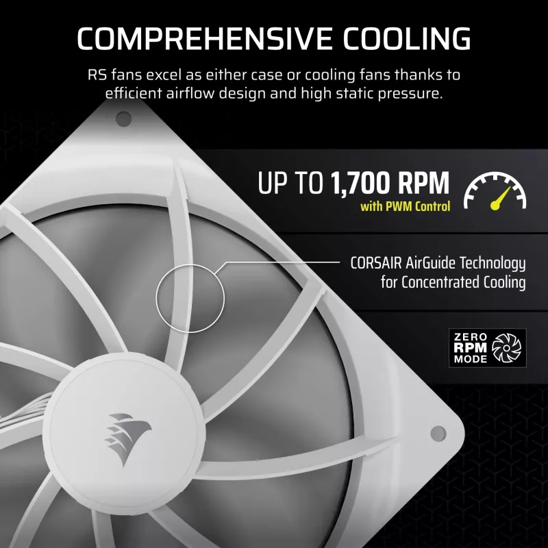 Corsair RS140 PWM kotelotuuletin, 140 mm, 36 dB, yhden tuulettimen pakkaus, valkoinen