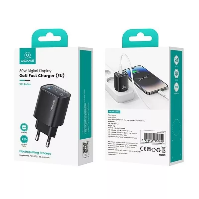 Laturi usams CC229 30W GaN USB-C ja USB LED kompakti matkalaturi