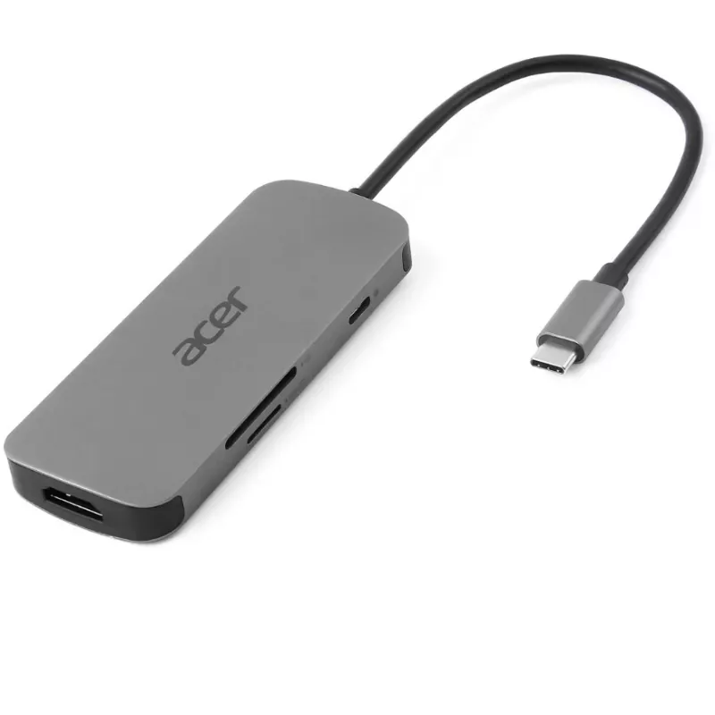 7-in-1 USB-C-adapteri Acer — USB 3.2 Gen 1 Type-C, 3x USB-A, HDMI, SD/MicroSD, 100W PD, hopea