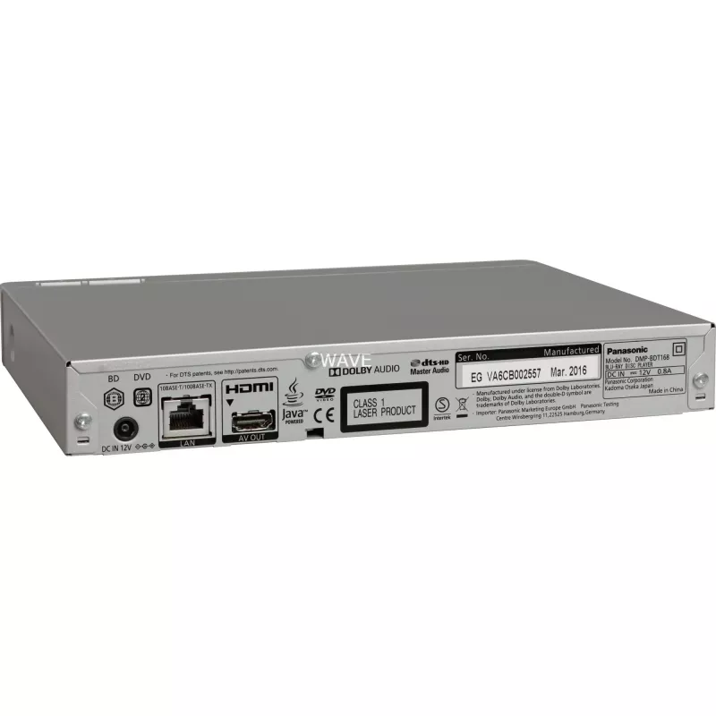 Panasonic Blu-ray-soitin DMP-BDT168EG DVD-Video, MP3, WMA, JPEG, WAV, XviD, AAC, AVCHD, MKV, CD-DA, FLAC, MPO, BD-MV, ALAC USB-liitäntä