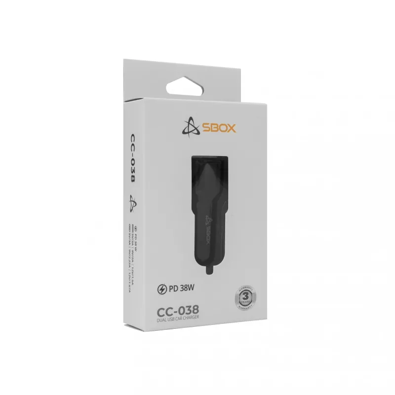 Autolaturi SBOX CC-038 38W musta — dual-USB-virtalähde ajoneuvoihin